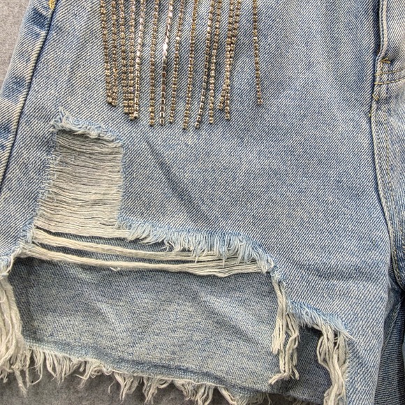 Cider Womens High Waisted Rhinestone Fringe Distressed Denim Shorts Light Wash S - Picture 3 of 10